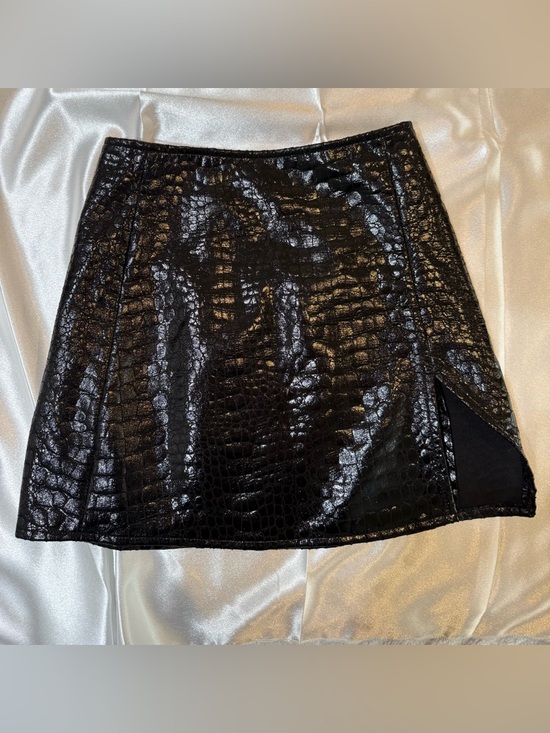 Motel Dresses & Skirts - Motel  Shiny Black Faux Croc Mini Skirt with Side Slit